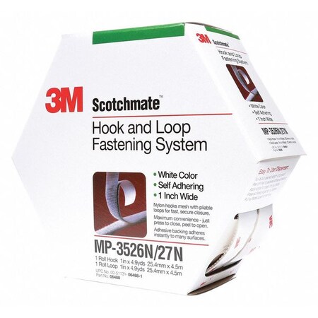 Reclosable Fastener, Rubber Adhesive, 15 ft, 1 in W, White, 5 PK MPN:DK3M163