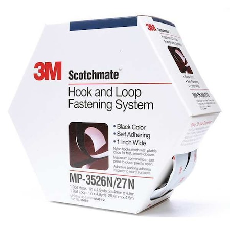 Reclosable Fastener, Rubber Adhesive, 15 ft, 1 in W, Black MPN:MP3526N/MP3527N