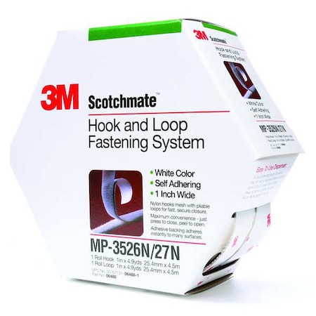 Reclosable Fastener, Rubber Adhesive, 15 ft, 1 in Wd, White MPN:MP3526N/MP3527N