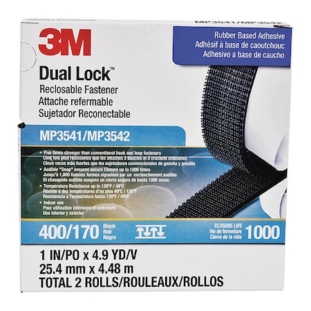 Reclosable Fastener, Acrylic Adhesive, 4.9 yds, 1 in W, Black, 5 PK MPN:MP3541/MP3542