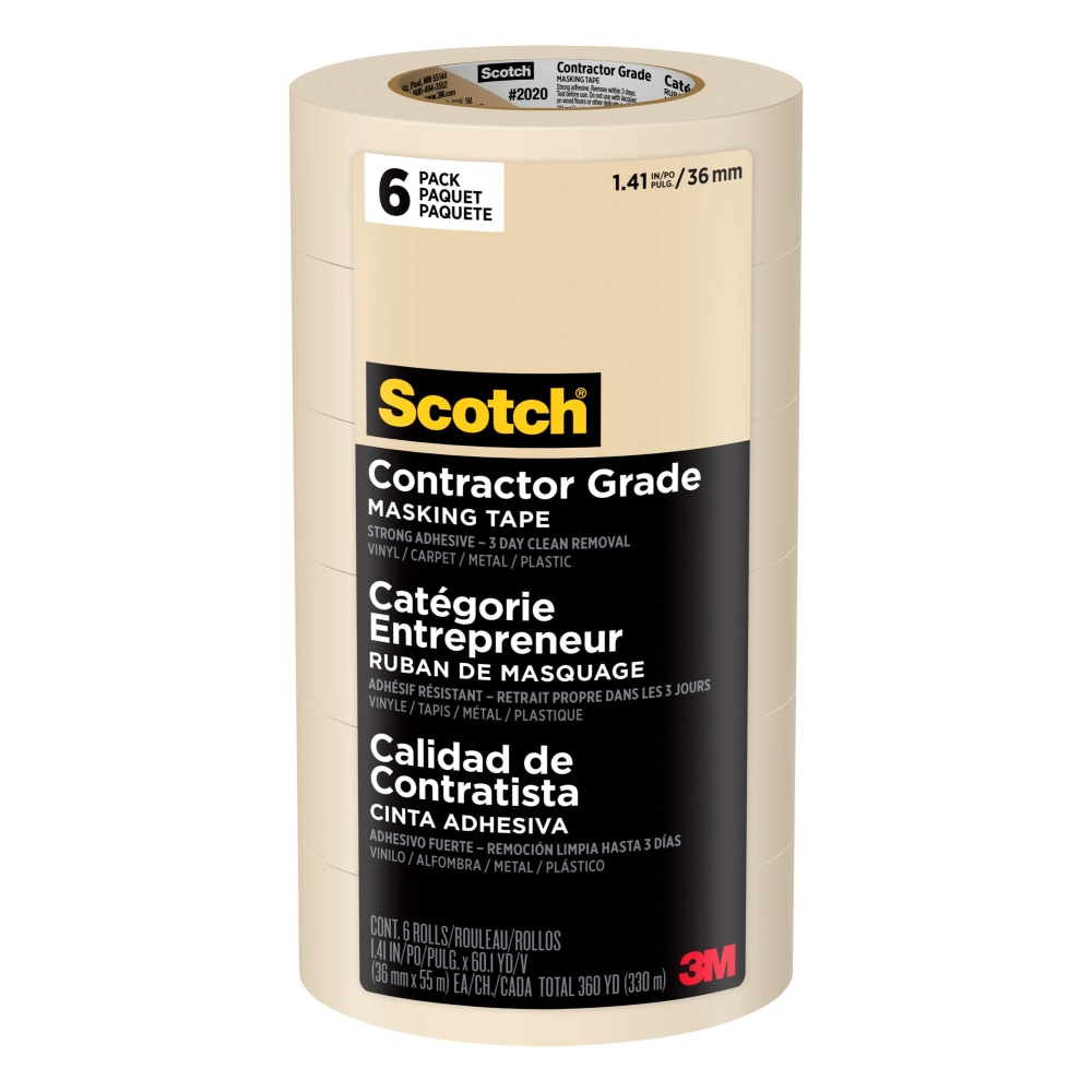 Scotch Contractor Grade Masking Tape, Removable, 6 Tape Rolls, 1.41 in x 60.1 yd, 3in Core, White MPN:2020-36AP6