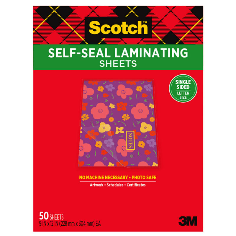 Scotch Self-Seal Laminating Sheets, 8-1/2in x 11in, Single Sided, Letter Size, Clear, 50 Sheets, LS854SS-50 (Min Order Qty 2) MPN:LS854SS-50