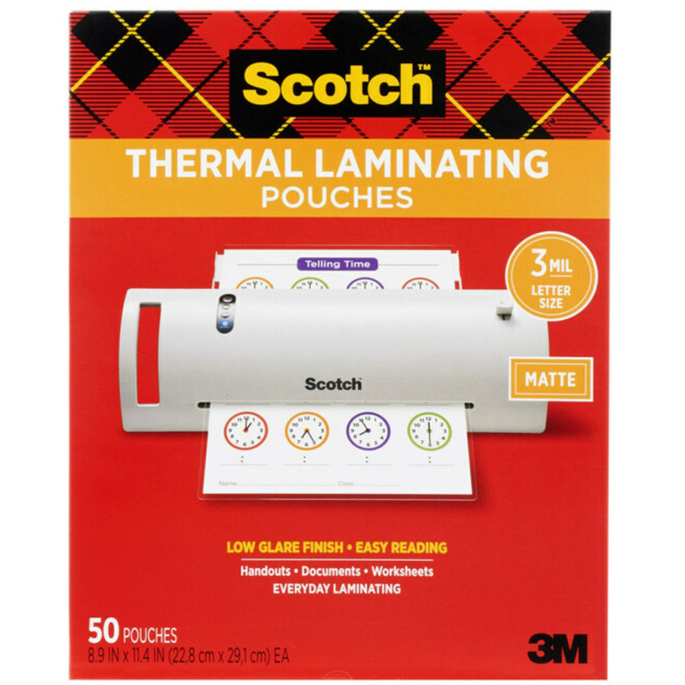 Scotch Thermal Laminating Pouches, 8-15/16in x 11-7/16in, Matte, Clear, 50 Laminating Pouches MPN:TP3854-50M