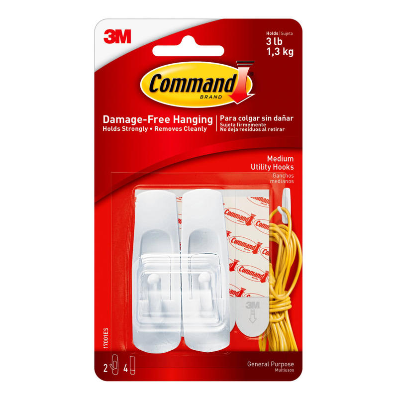 Command Medium Utility Hooks, 2 Hooks, 4 White Adhesive Strips, Damage Free Hanging Picture Hangers, No Tools Wall Hanging Strips For Living Spaces MPN:17001