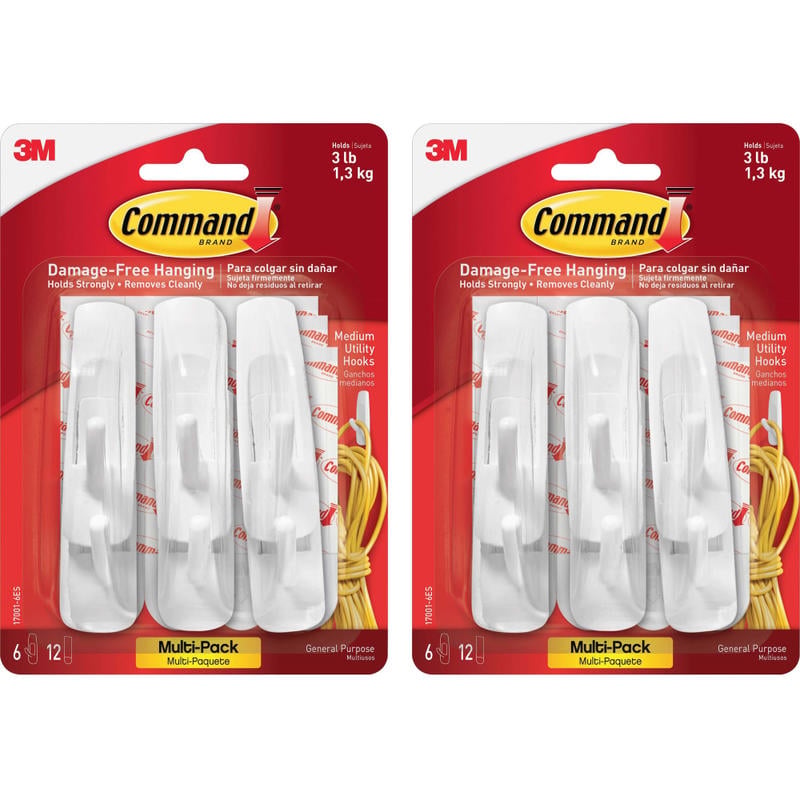 Command Medium Utility Hooks with Adhesive Strips - 3 lb (1.36 kg) Capacity - for Paint, Wood, Tile - White - 6/Pack - 2 / Bag MPN:170016ESBG