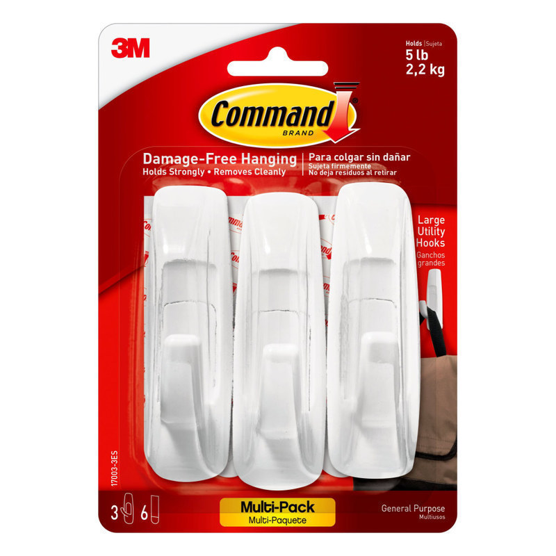 Command Large Utility Hooks, 3 Hooks, 6 White Adhesive Strips, Damage Free Hanging Picture Hangers, No Tools Wall Hanging Strips For Living Spaces MPN:17003-VP-3PK