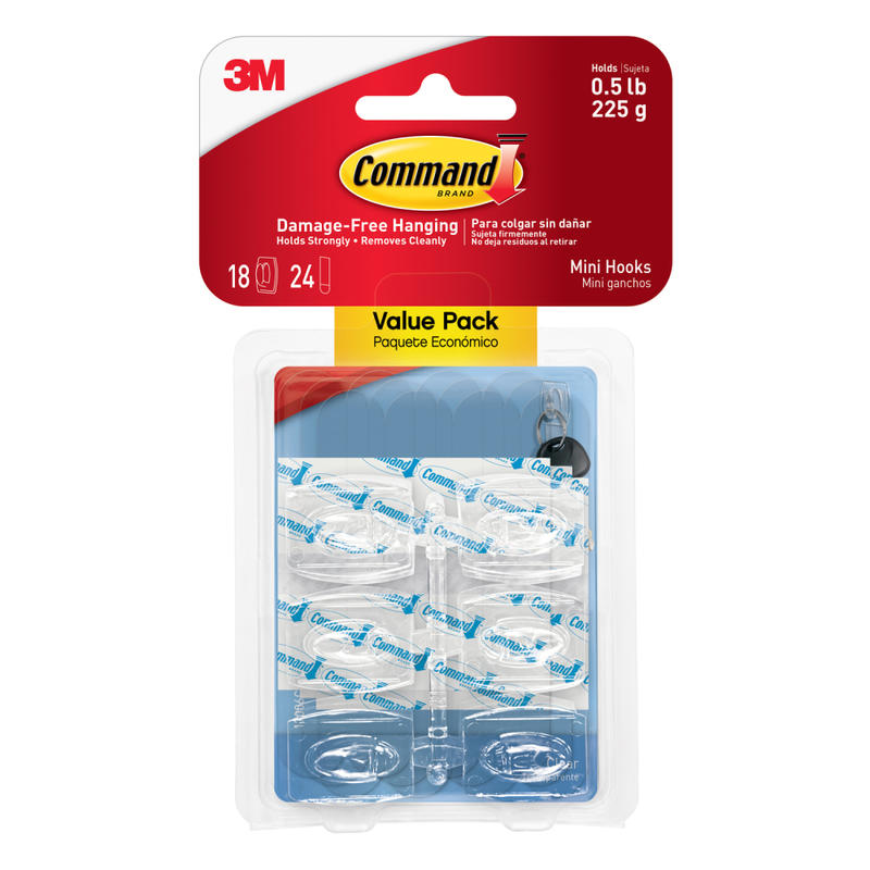 Command Mini Wall Hooks, 18 Command Hooks, 24 Command Strips, Damage Free Hanging of Dorm Room Decorations, Clear MPN:17006CLR-18ES