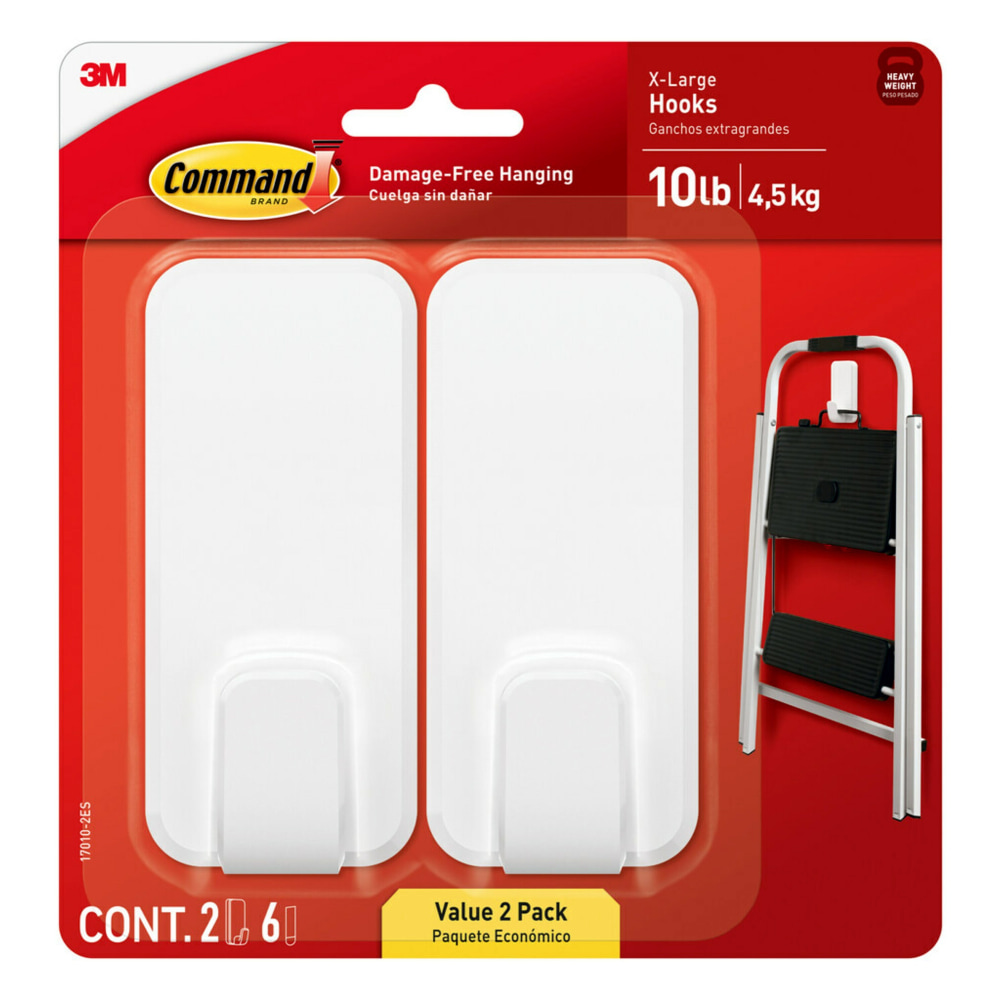 Command X-Large Hooks, 2 Hooks, 6 White Adhesive Strips, Damage Free Hanging Picture Hangers, No Tools Wall Hanging Strips For Living Spaces MPN:17010-2ES