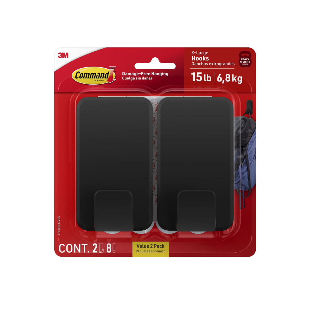 Command Jumbo Hook, 2 XL Hooks, 8 Adhesive Strips, Damage Free Hanging, No Tools Wall Hanging Strips For Living Spaces MPN:17011BLK-2ES