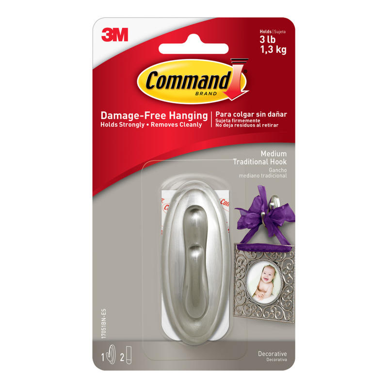 3M Command Damage-Free Removable Metal Hook, Traditional, Medium, 3 Lb, Brushed Nickel (Min Order Qty 10) MPN:17051BN