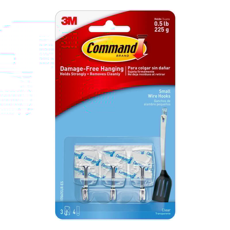 Command Small Clear Utensil Hooks, 3 Hooks, 4 White Adhesive Strips, Damage Free Hanging Picture Hangers, No Tools Wall Hanging Strips For Living Spaces (Min Order Qty 16) MPN:17067CLR