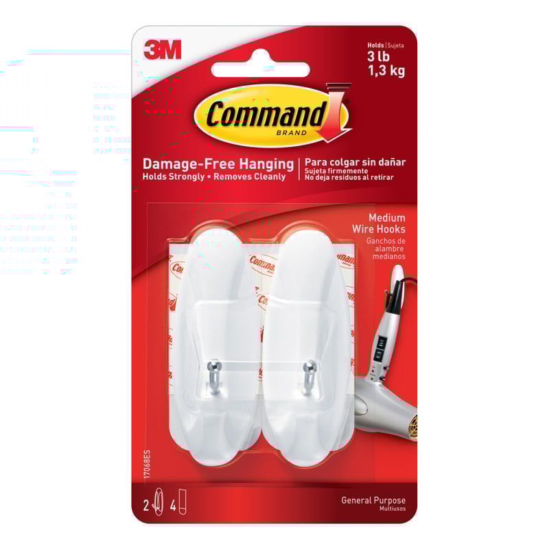Command Medium Wire Hooks, Damage-Free, White, Pack of 2 Hooks, 2 Pairs of Strips (Min Order Qty 17) MPN:17068