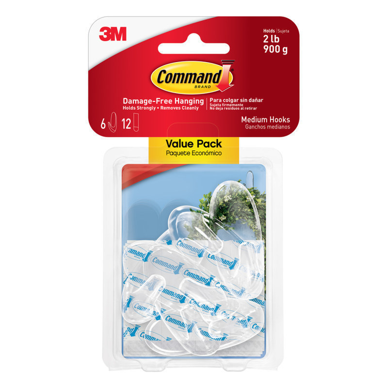 Command Removable Hooks, Medium, Clear, Pack Of 6 Hooks and 12 Strips MPN:17091CLRVP