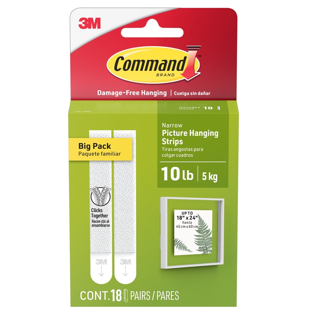 Command Narrow (10lb) Picture Hanging Strips, White, 18 Pairs (36 strips), 17207BPES MPN:17207-BPES