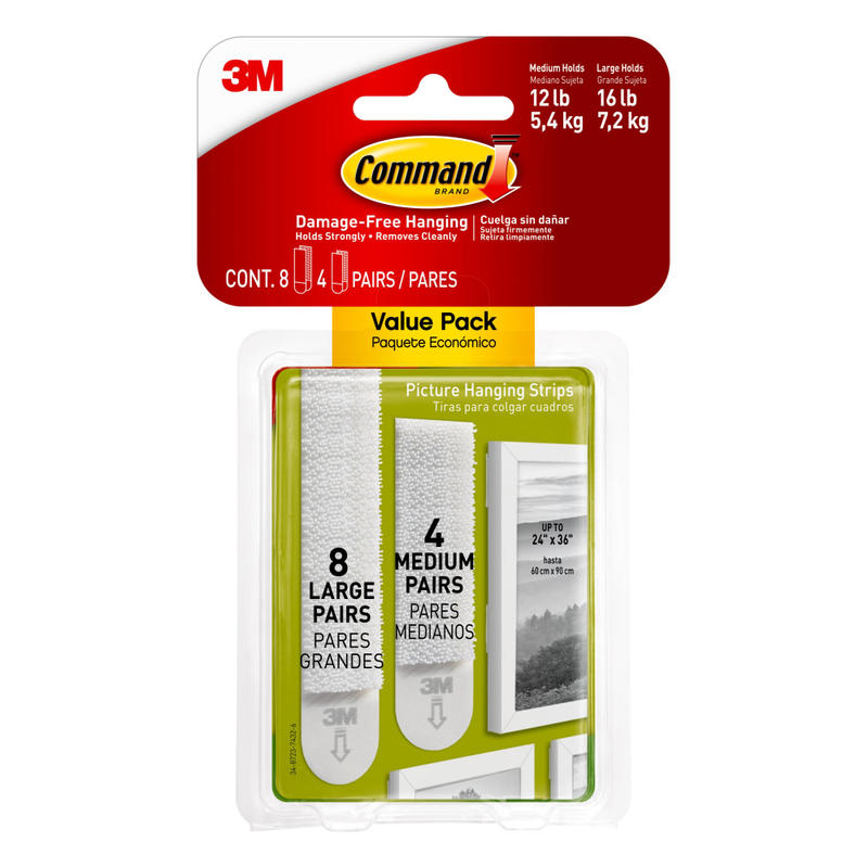 Command Large (15lb) and Medium (10lb) Picture Hanging Strips, White, 12 Pairs (24 strips), 17209ES MPN:17209-ES