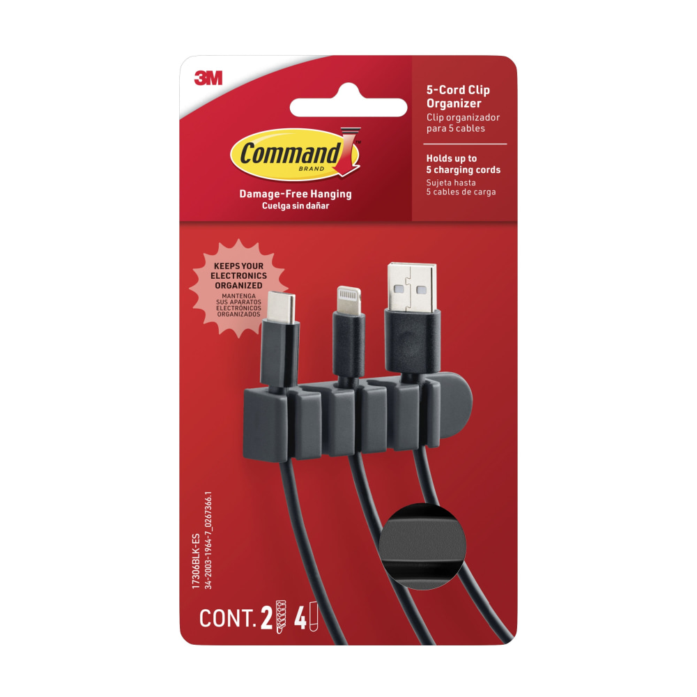 Command 5-Cord Clip Organizer, 2 Black Clips, 4 Medium Strips, Great for Damage-Free Desk Organization with Electronics MPN:17306BLK-ES