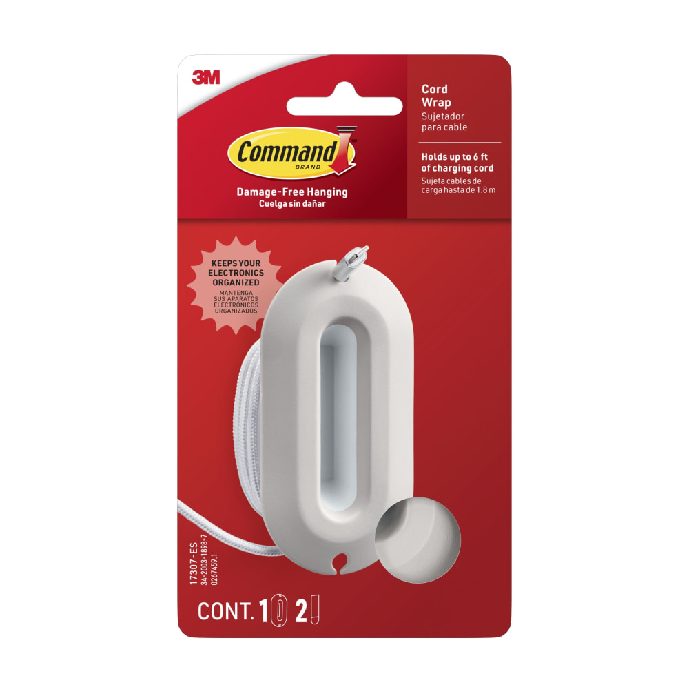 Command Cord Wrap, 1 White Cord Organizer, 2 Medium Strips, Holds 6 ft of Cord Storage, Great for Damage-Free Desk Organization with Electronics MPN:17307-ES