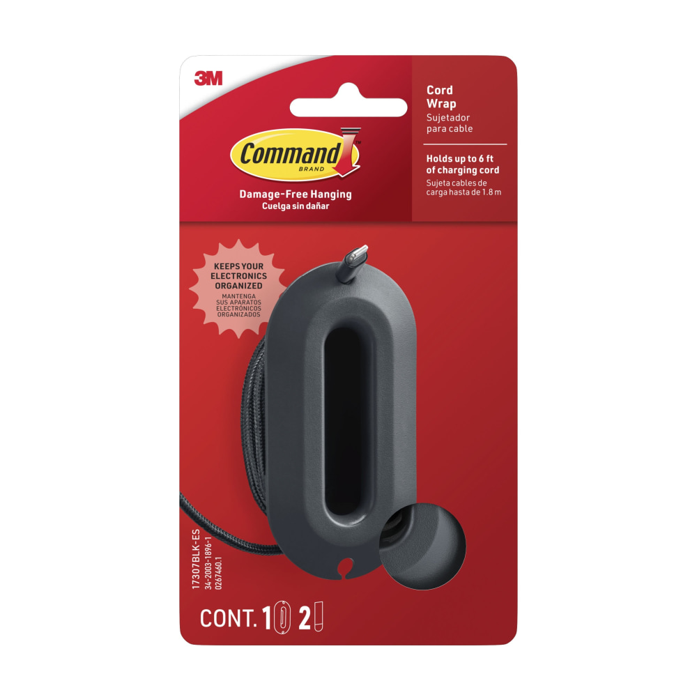 Command Cord Wrap, 1 Black Cord Organizer, 2 Medium Strips, Holds 6 ft of Cord Storage, Great for Damage-Free Desk Organization with Electronics MPN:17307BLK-ES