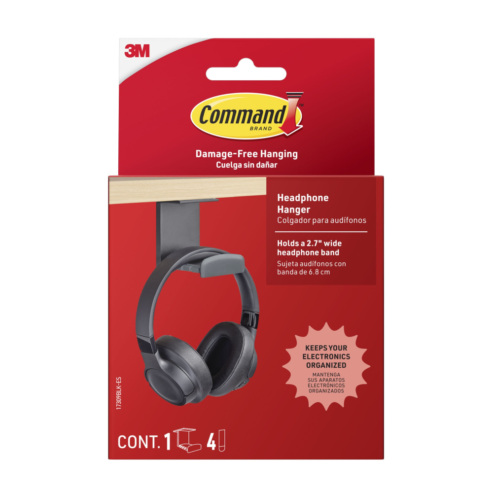 Command Headphone Hanger, 1 Black Hook, 4 Large Strips, Great for Damage-Free Desk Organization with Headphones MPN:17309BLK-ES