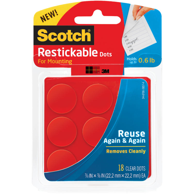 Scotch Restickable Mounting Dots, Clear Circles, Pack Of 18 (Min Order Qty 20) MPN:R105