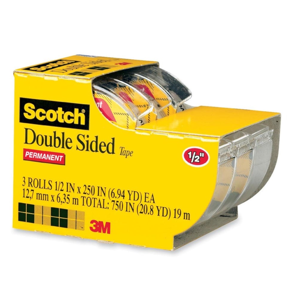Scotch Double Sided Tape, Permanent, 1/2 in. x 250 in., 3 Tape Rolls, Clear, School Supplies and College Essentials for Students and Teachers MPN:3136