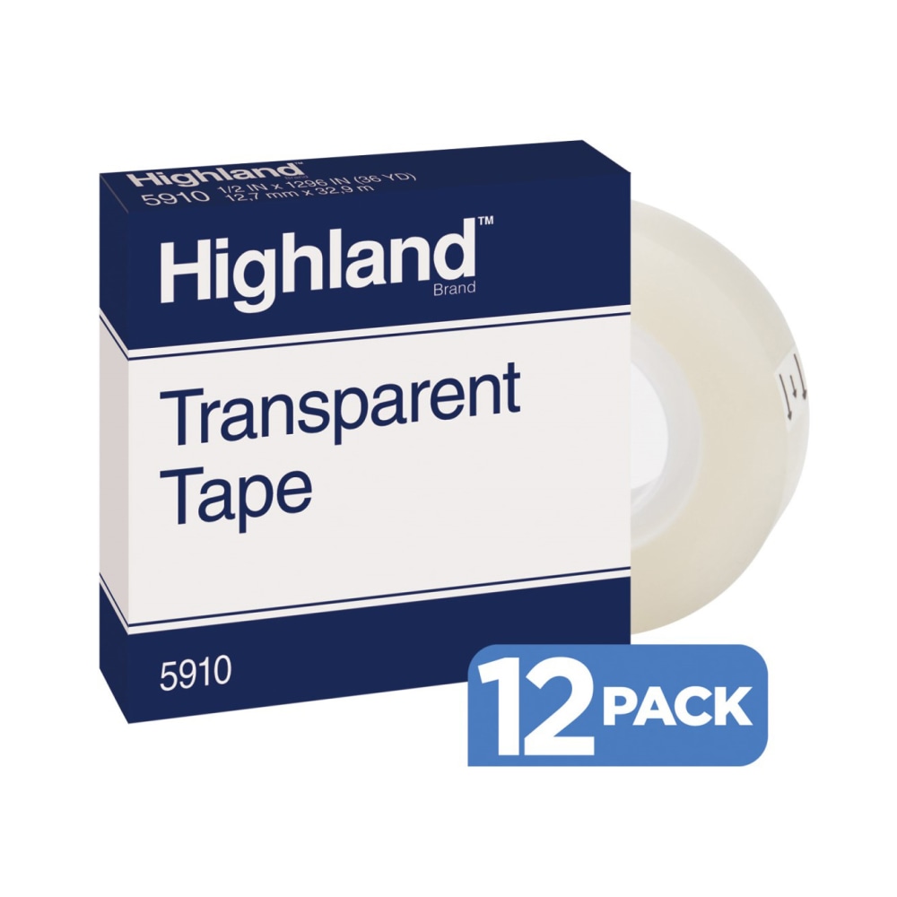 3M Highland 5910 Transparent Tape, 1/2in x 1, 296, Pack Of 12 MPN:5910-1/2X1296PK12