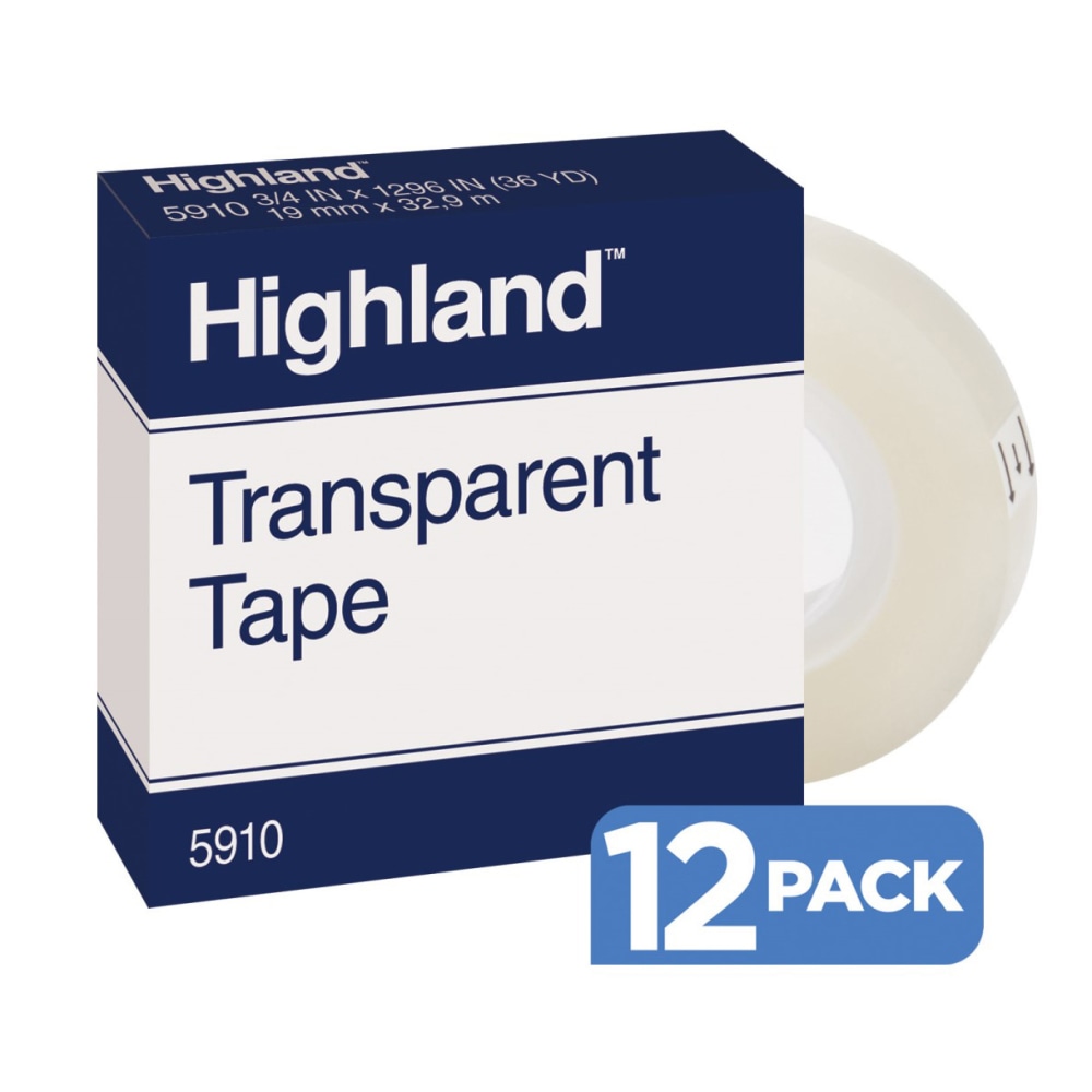 3M Highland 5910 Transparent Tape, 3/4in x 1, 296in, Pack Of 12 MPN:5910-3/4X1296PK12