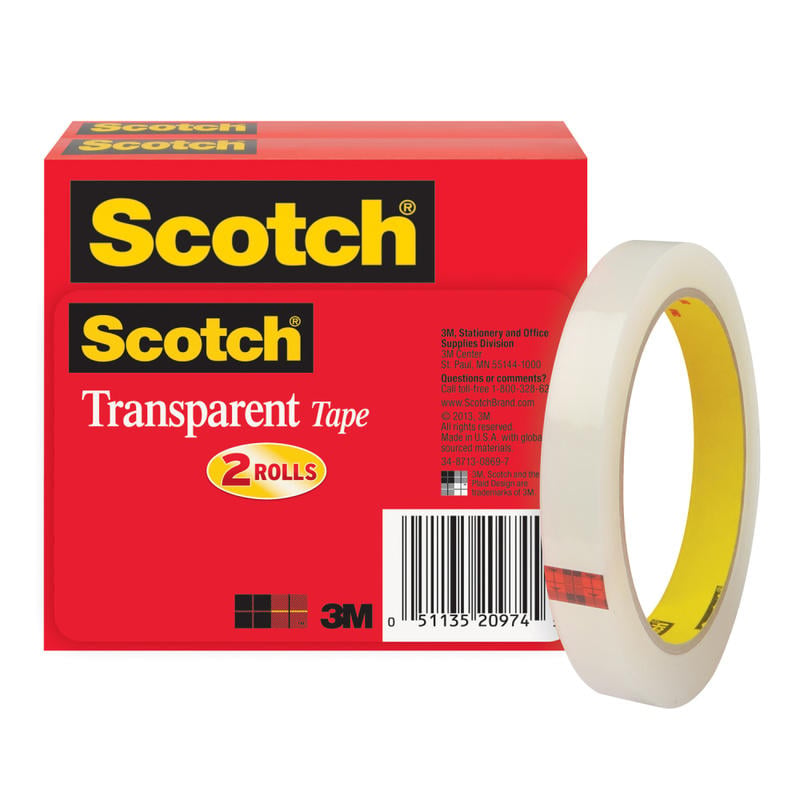 Scotch Transparent Tape, 1/2in x 2592in, Clear, Pack of 2 rolls MPN:600-2P12-72