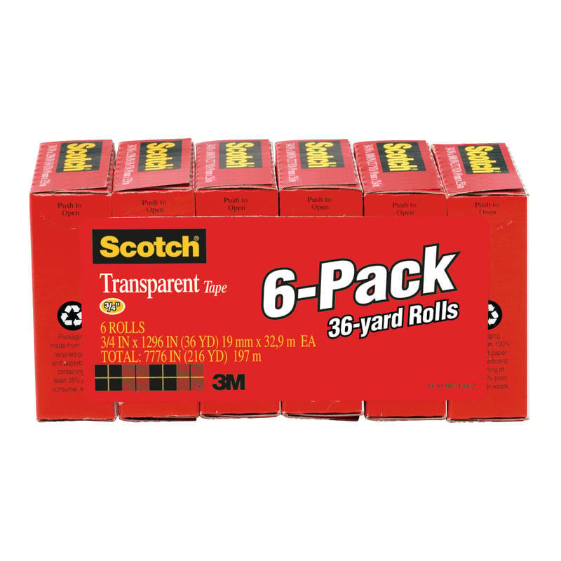 Scotch Transparent Tape, 3/4 in. x 1296 in., 6 Tape Rolls, Clear, Back to School Supplies and College Essentials for Students and Teachers MPN:600-6PK