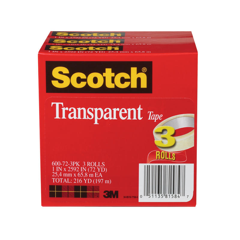 Scotch Transparent Tape, 1 in x 2592 in, 3 Tape Rolls, Clear, School Supplies and College Essentials for Students and Teachers MPN:600-72-3PK