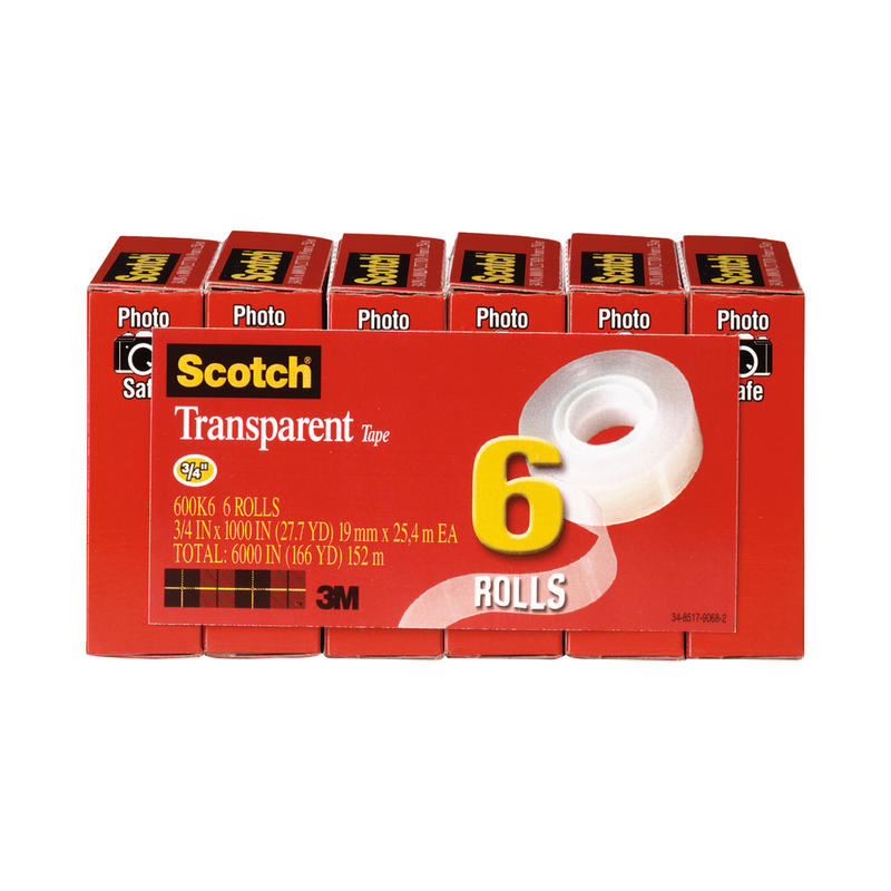 Scotch Transparent Tape, 3/4in x 1000in, Clear, Pack of 6 rolls MPN:600K6