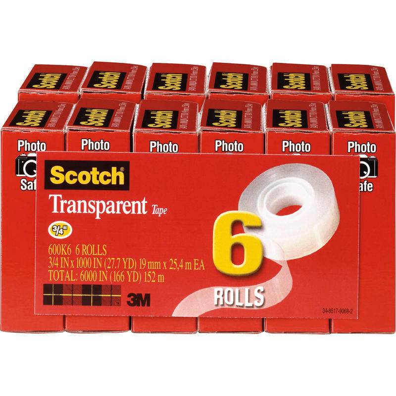 Scotch Transparent Tape, 0.75in x 83.34ft, Clear, Pack Of 12 Rolls MPN:600K6BD
