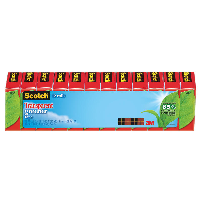 Scotch Transparent Greener Tape, 3/4 in. x 900 in., 12 Tape Rolls, Clear, Back to School Supplies and College Essentials for Students and Teachers MPN:612-12P