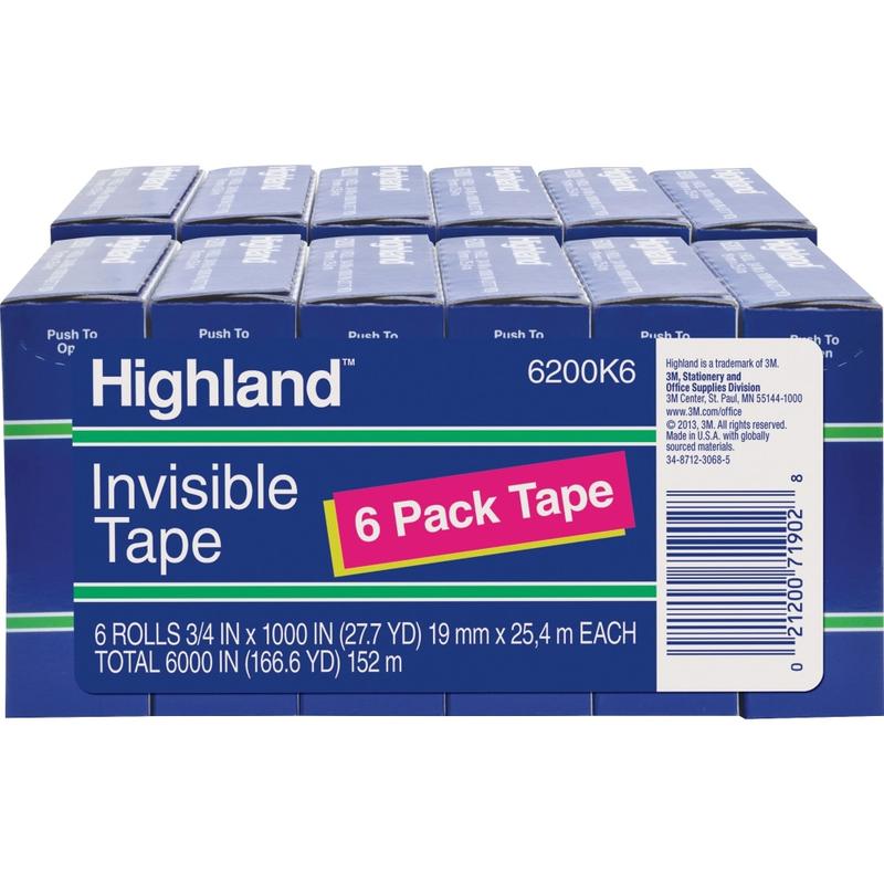 Highland 3/4inW Matte-finish Invisible Tape - 27.78 yd Length x 0.75in Width - 1in Core - 12 / Bundle - Matte Clear MPN:6200341000BD