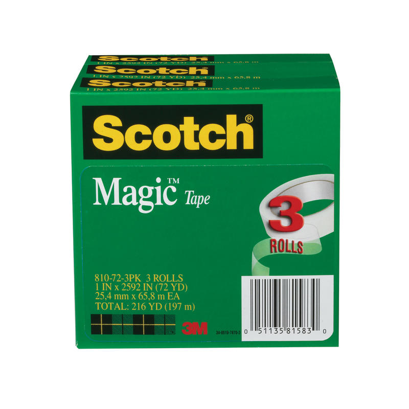 Scotch Magic Tape, Invisible, 3 Tape Rolls, 1 in x 2592 in, Home Office Supplies and School Supplies for College and Classrooms MPN:810-72-3PK