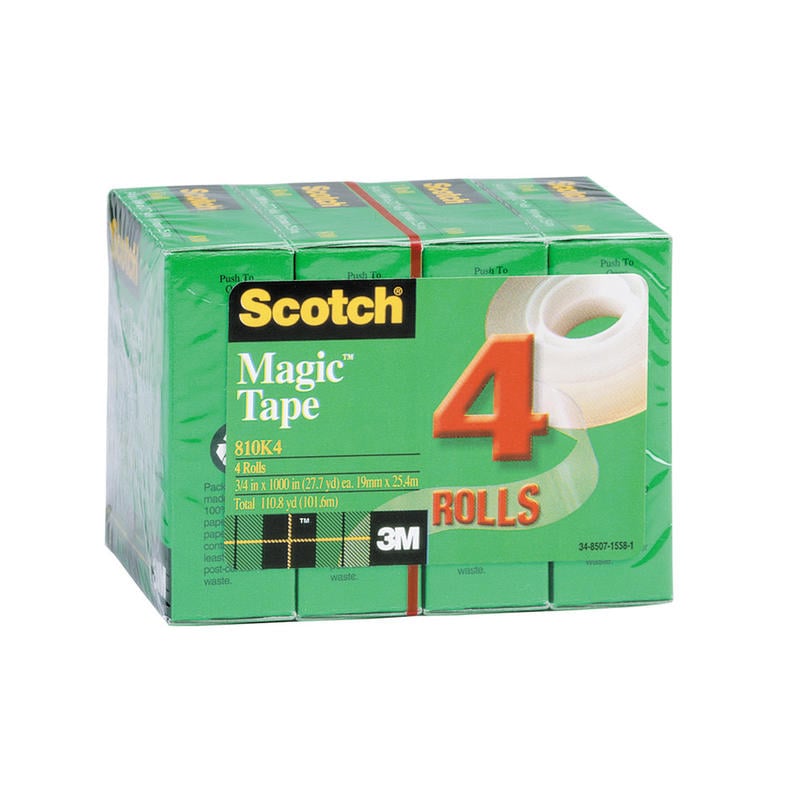Scotch Magic Tape, Invisible, 3/4 in. x 1000 in., 4 Tape Rolls, Clear, School Supplies and College Essentials for Students and Teachers MPN:810K4