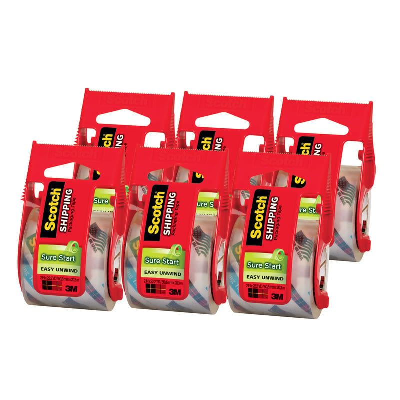 Scotch Sure Start Shipping Tape, 6 Tape Rolls with Dispensers, 1 7/8 in x 22.2 yd, 1.5in Core, Designed - 1456 MPN:145-6