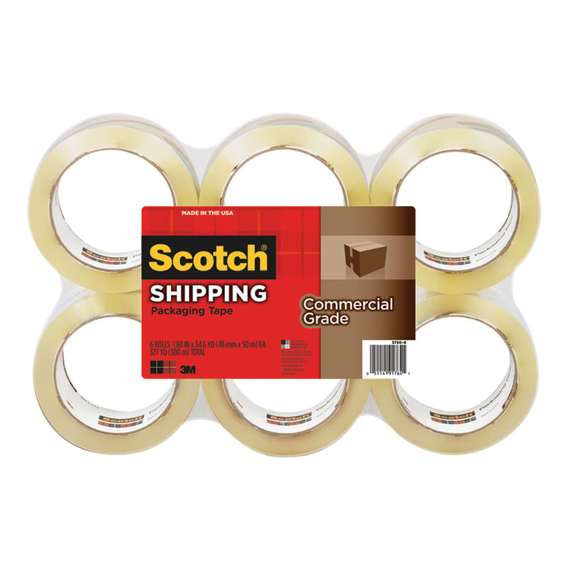 Scotch Commercial Grade Shipping Packing Tape, 6 Tape Rolls, 1 7/8 in x 54.6 yd, 1in Core, Designed - 3750 MPN:3750