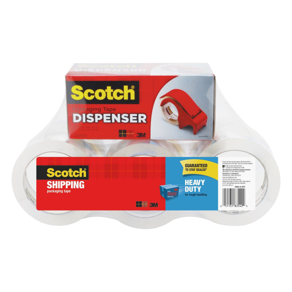 Scotch Heavy Duty Shipping Packing Tape, 6 Tape Rolls with 1 Dispenser, 1 7/8 in x 54.6 yd, 3in Core, Designed - 38506BD MPN:3850-6BD