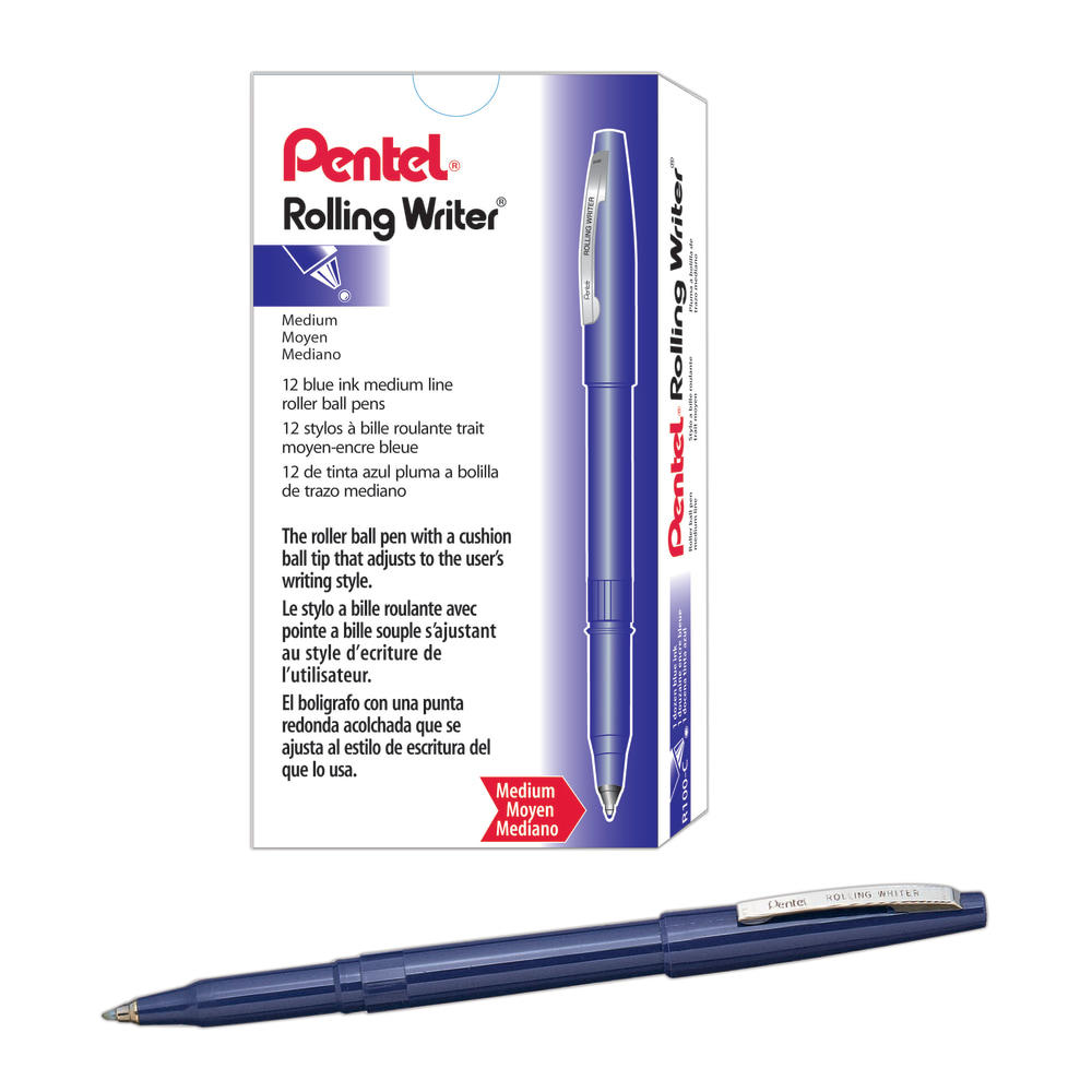 Pentel Rolling Writer Pens, Medium Point, 0.8 mm, Blue Barrel, Blue Ink, Pack Of 12 Pens MPN:R100-C