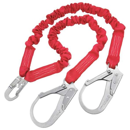 PRO Stretch Shock Absorbing Lanyard, 100% Tie-Off, Elastic, Snap Hook, Two Rebar Hooks, 6 ft, Red MPN:1340161