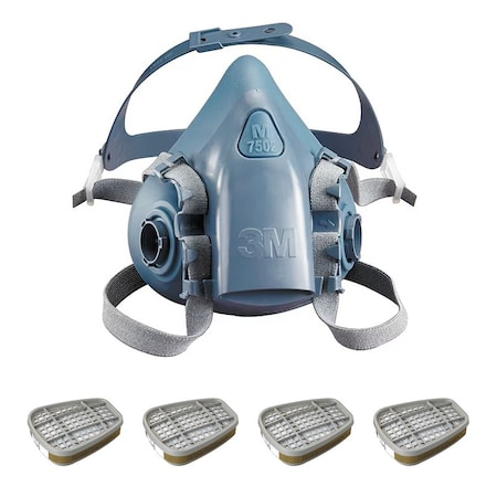 Half Mask Respirator Kit: 4 Chemical Cartridges Included, Olive Color, 7500 Series, Bayonet, Size M MPN:3PB40-4JG24