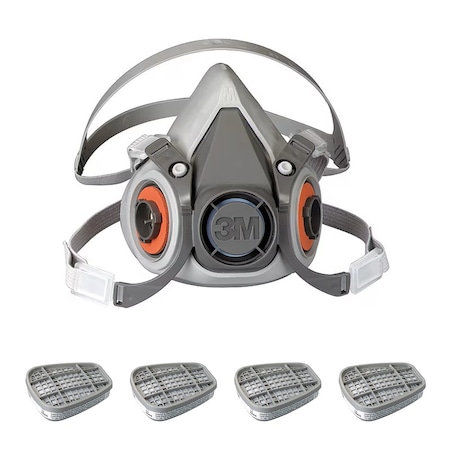 Low Maintenance Half Mask Respirator Kit: Includes 4 Chemical Cartridges, Acid Gas, White, M MPN:6AD97-3AG78