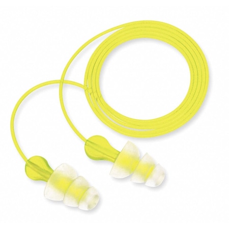 Tri-Flange Reusable Corded Ear Plugs, Fanged Shape, NRR 26 dB, M, Yellow/Clear, 100PK MPN:P3000
