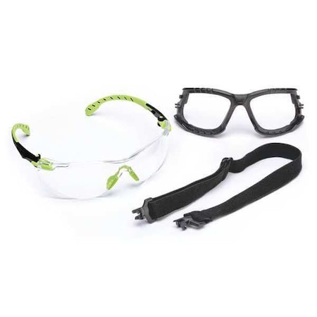 Solus Safety Glasses Kit, Strap, Removable Foam Gasket, Anti-Fog/Scratch, Black/Green, Clear Lens MPN:S1201SGAF-KT