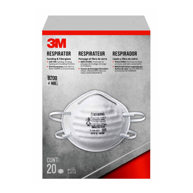 3M 8200 N95 Sanding and Fiberglass Respirator, White, 8200H20-DC, Pack of 20 MPN:8200H20-DC