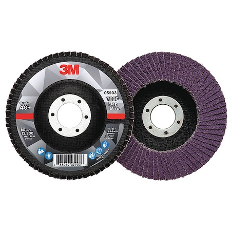 Flap Disc, Type 27, 4 1/2 in x 7/8 in, Ceramic, 40 Grit, Fiberglass Bk, Std Density, 769F MPN:7100177446