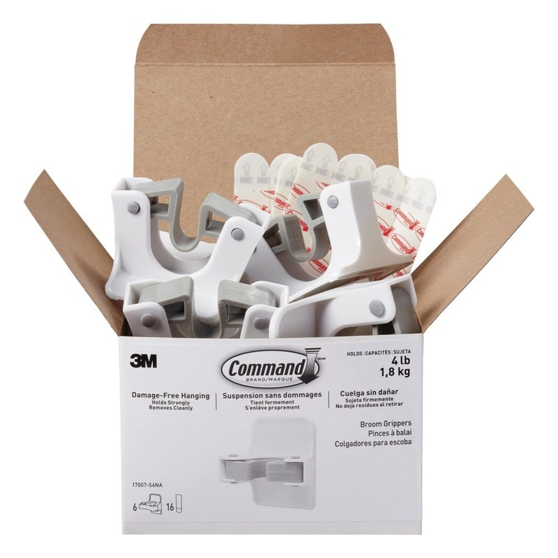 Command Broom and Mop Grippers Wall Hook, 6-Command Hangers, 8-Pairs (16-Command Strips), For Dorm Room Mops and Brooms, White (Min Order Qty 2) MPN:17007-S6NA