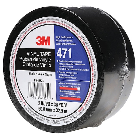Floor Marking Tape, vinyl, Solid, Black, 2 in W., 5.2 mil Thickness MPN:471