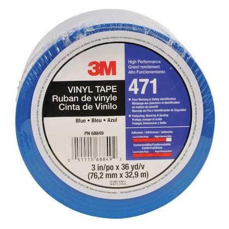 Floor Marking Tape, vinyl, Solid, Blue, 3 in W., 5.2 mil Thickness MPN:471